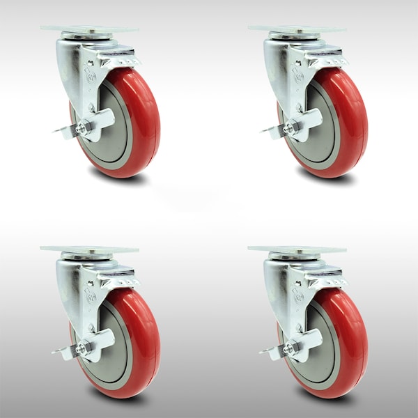 5 Inch SS Red Polyurethane Swivel Top Plate Caster Set with Brake SCC